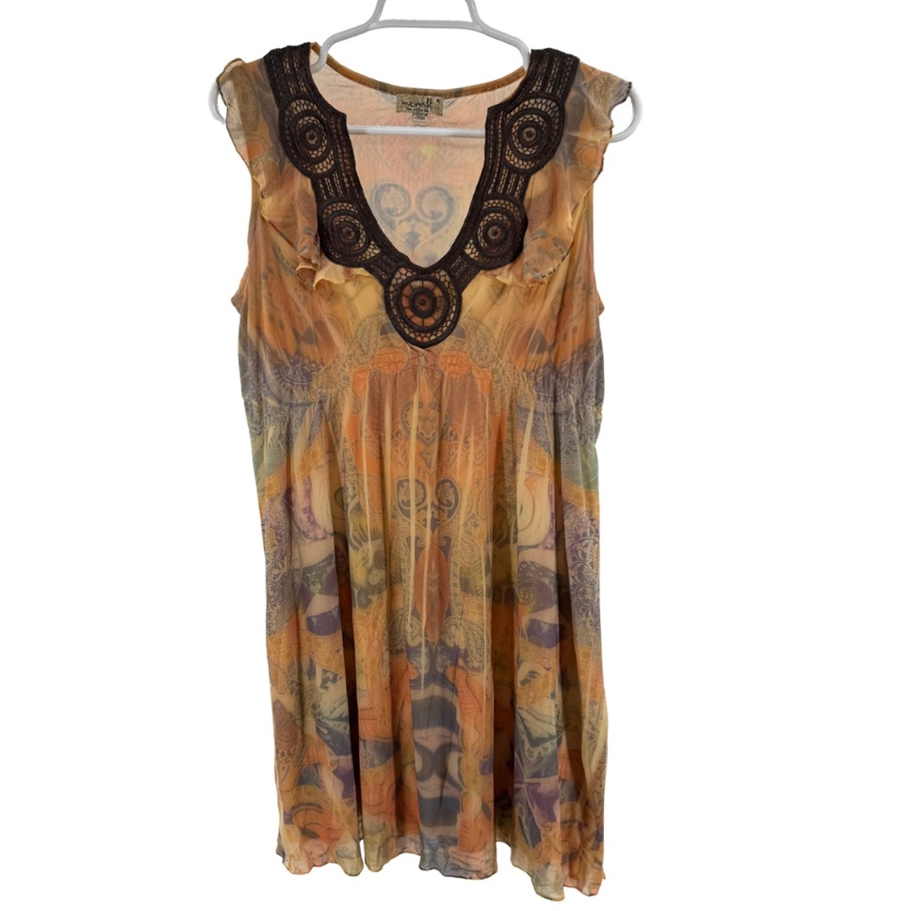 ONE WORLD Sleeveless Dress lace ruffle Y2K paisley boho casual neutral babydoll